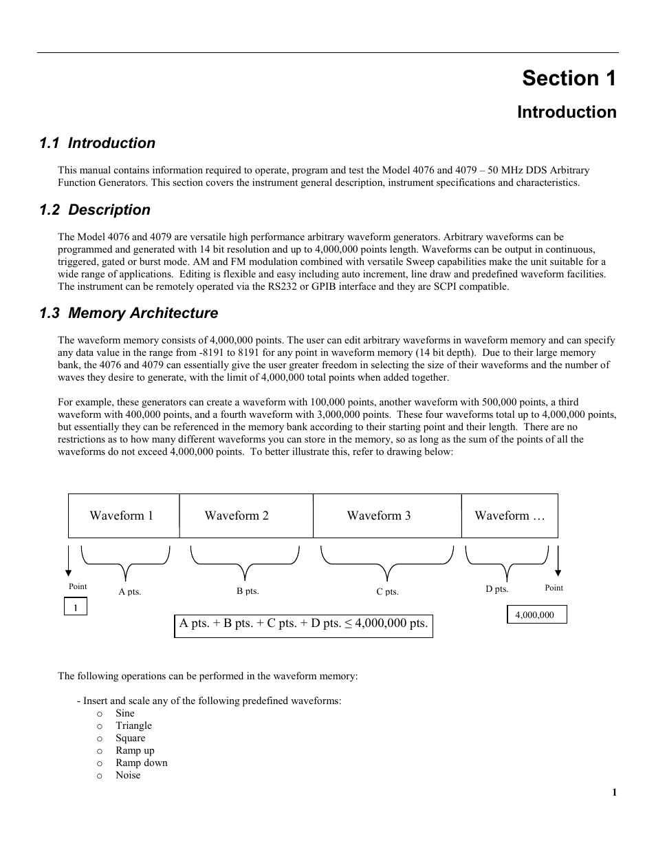 Section 1, Introduction, 1 introduction | 2 description, 3 memory architecture | B&K Precision 4079 - Manual User Manual | Page 7 / 106