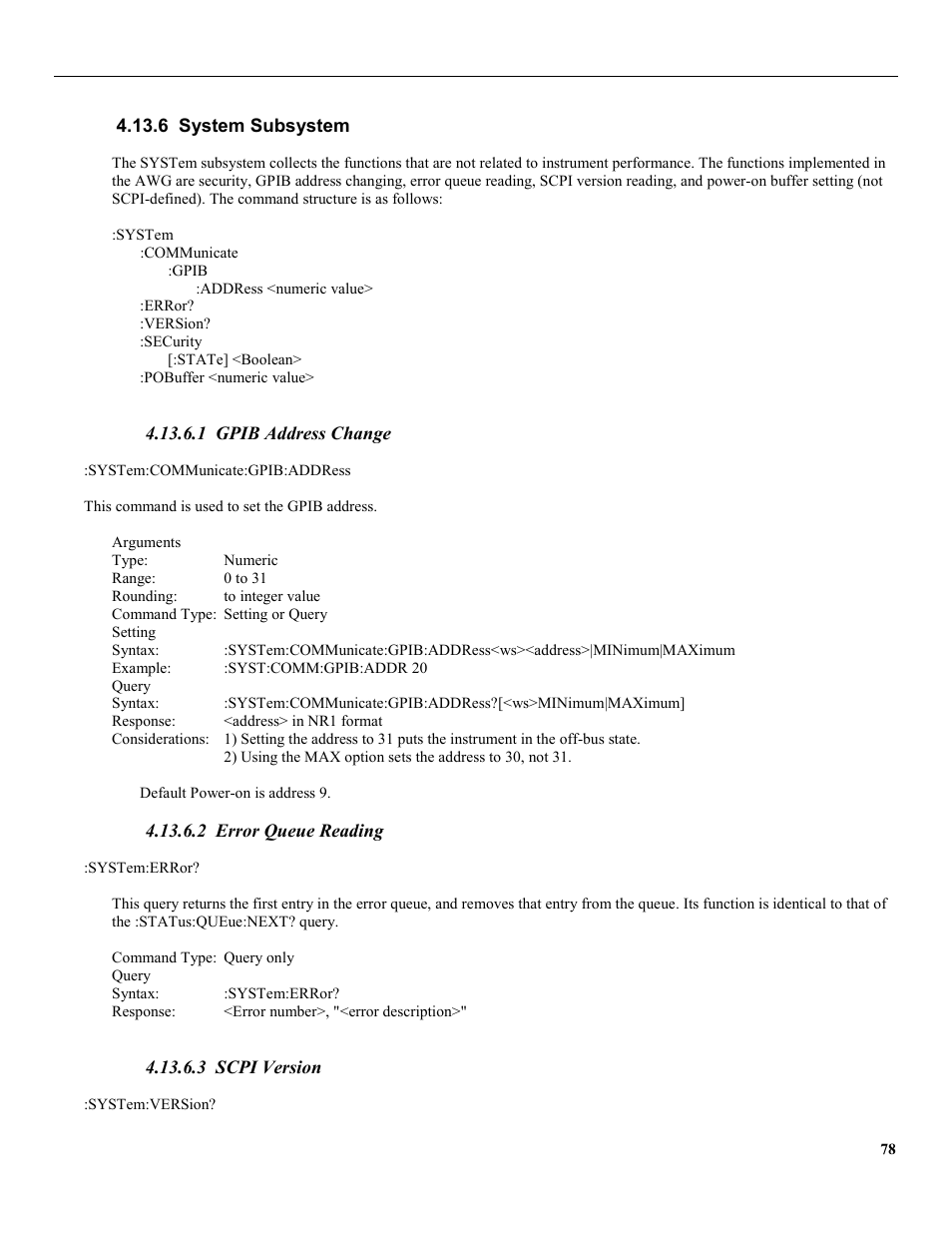 6 system subsystem, 1 gpib address change, 2 error queue reading | 3 scpi version | B&K Precision 4079 - Manual User Manual | Page 84 / 106