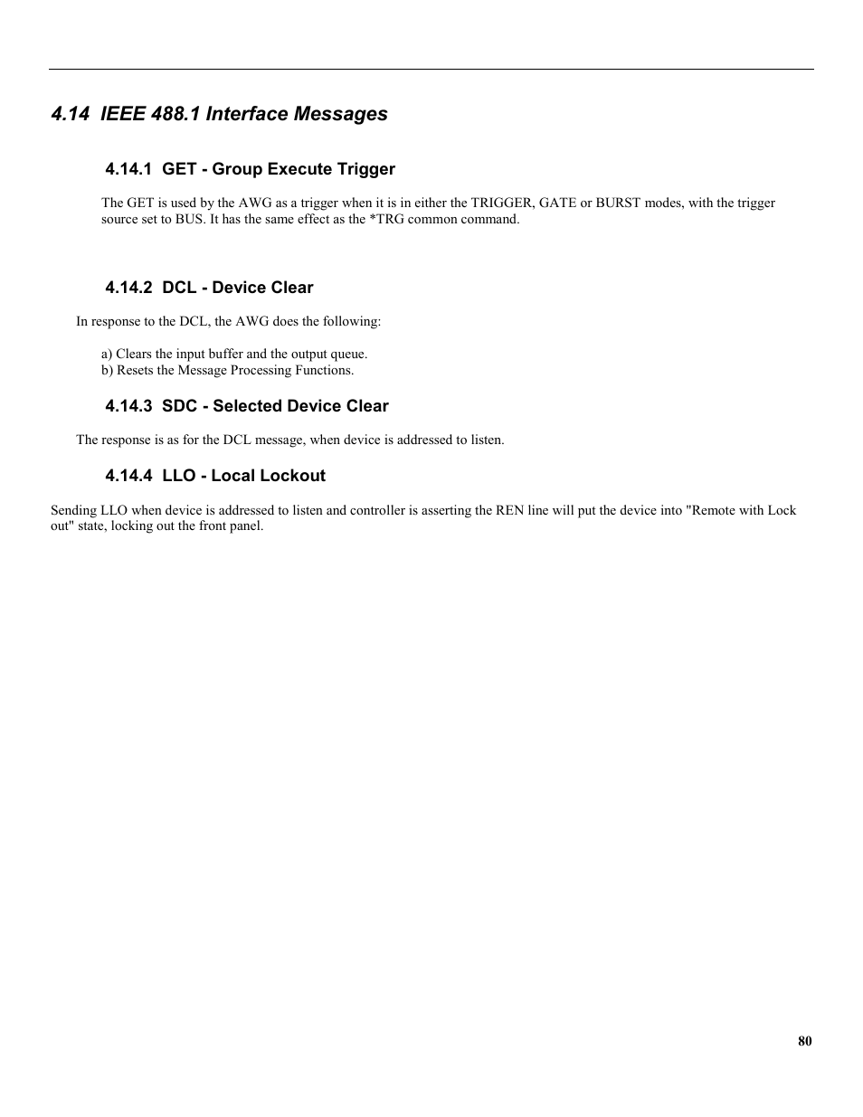14 ieee 488.1 interface messages, 1 get - group execute trigger, 2 dcl - device clear | 3 sdc - selected device clear, 4 llo - local lockout | B&K Precision 4079 - Manual User Manual | Page 86 / 106