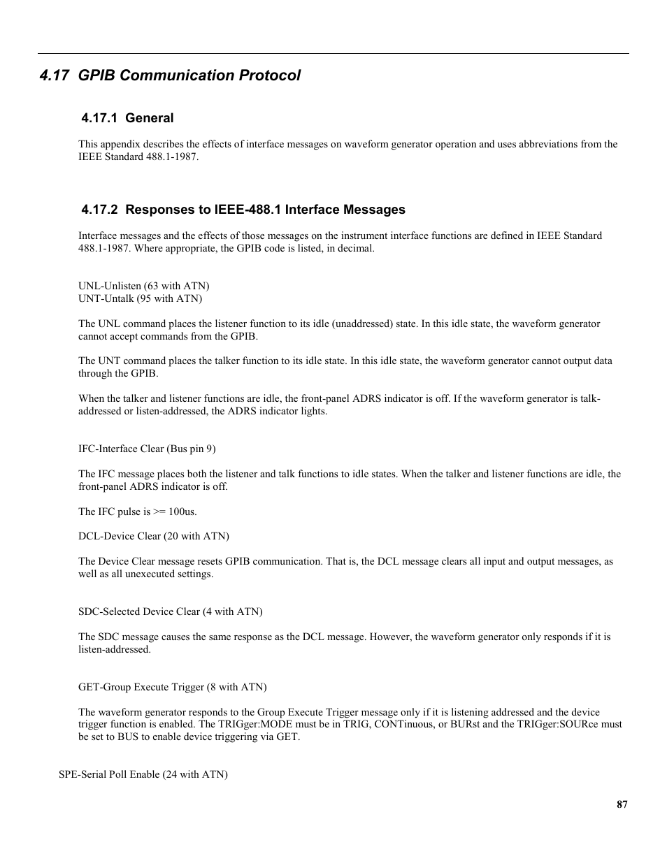 17 gpib communication protocol, 1 general, 2 responses to ieee-488.1 interface messages | B&K Precision 4079 - Manual User Manual | Page 93 / 106