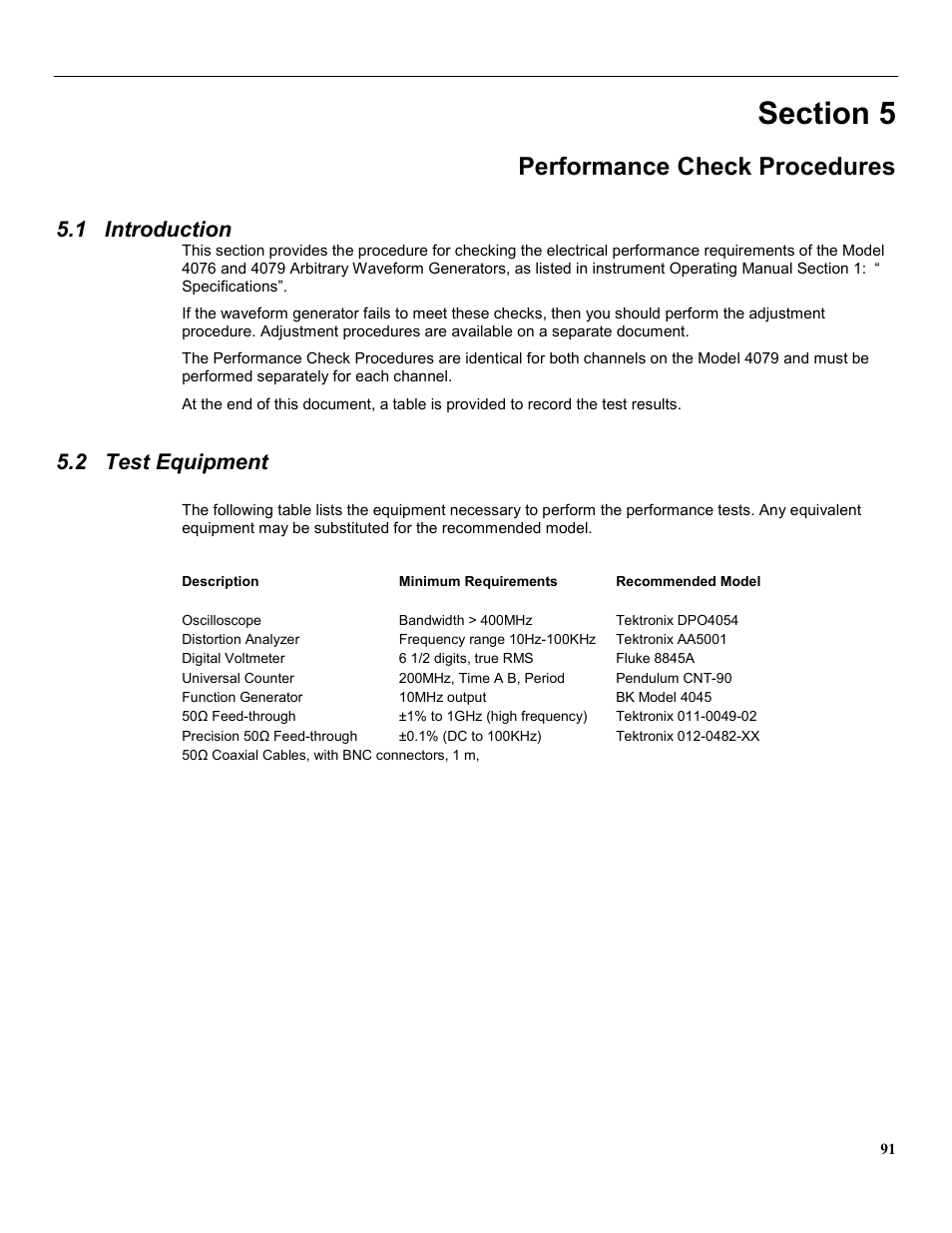 Section 5, Performance check procedures, 1 introduction | 2 test equipment | B&K Precision 4079 - Manual User Manual | Page 97 / 106