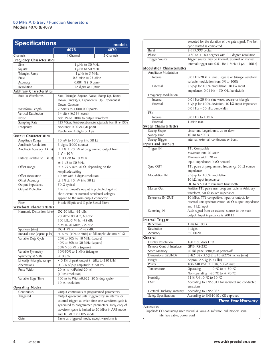 Specifications | B&K Precision 4079 - Datasheet User Manual | Page 4 / 4