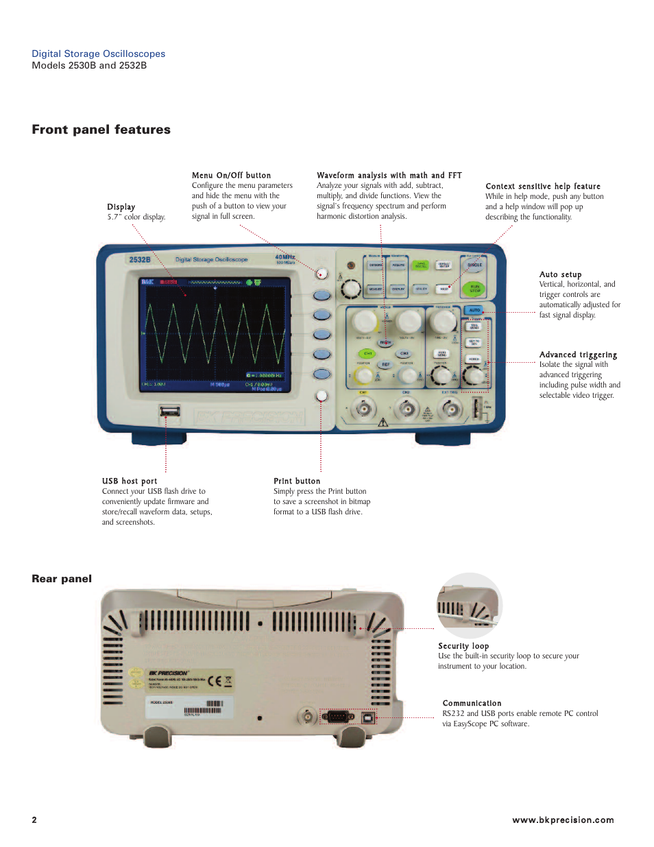 Front panel features | B&K Precision 2532B - Datasheet User Manual | Page 2 / 4