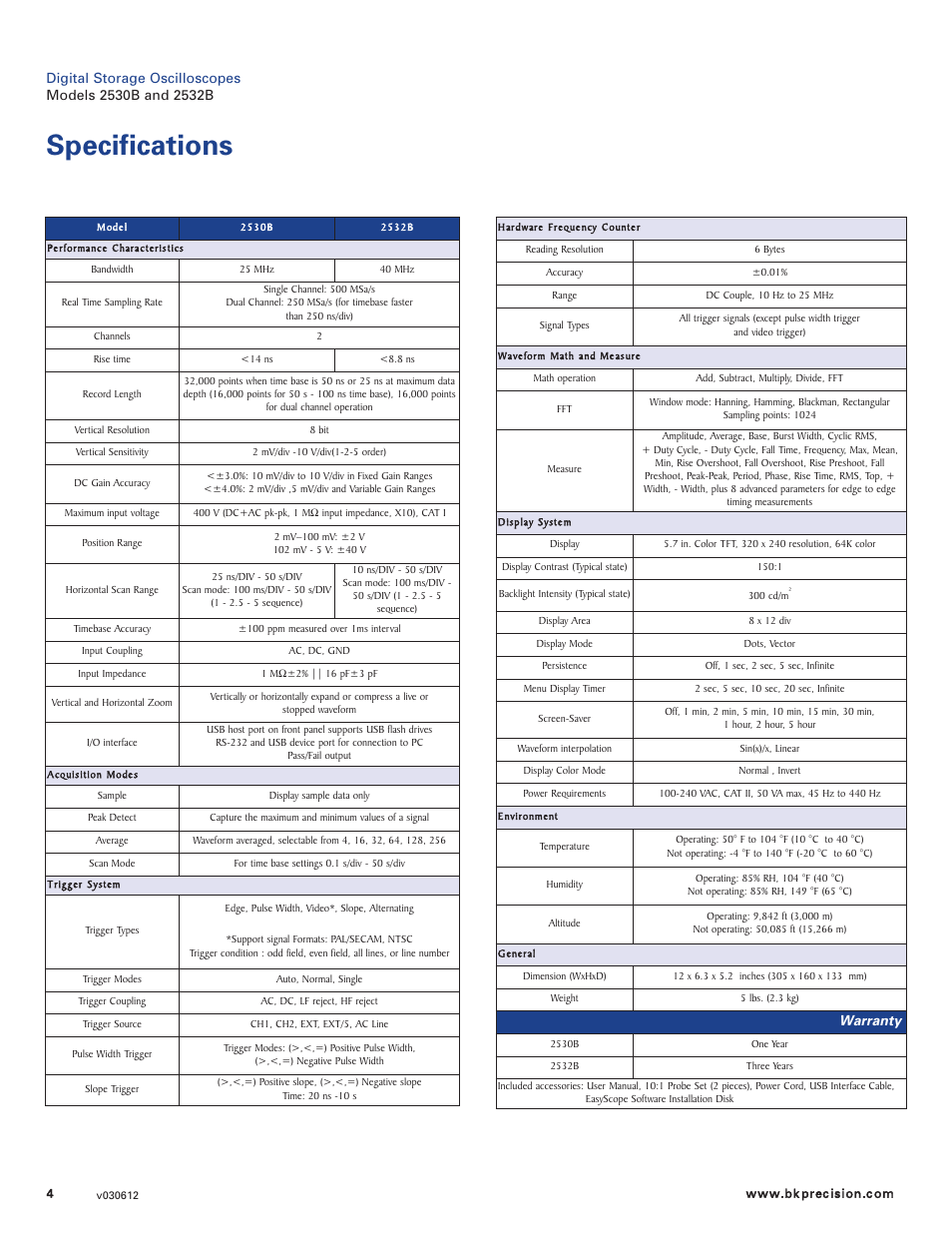 Specifications, Warranty | B&K Precision 2532B - Datasheet User Manual | Page 4 / 4
