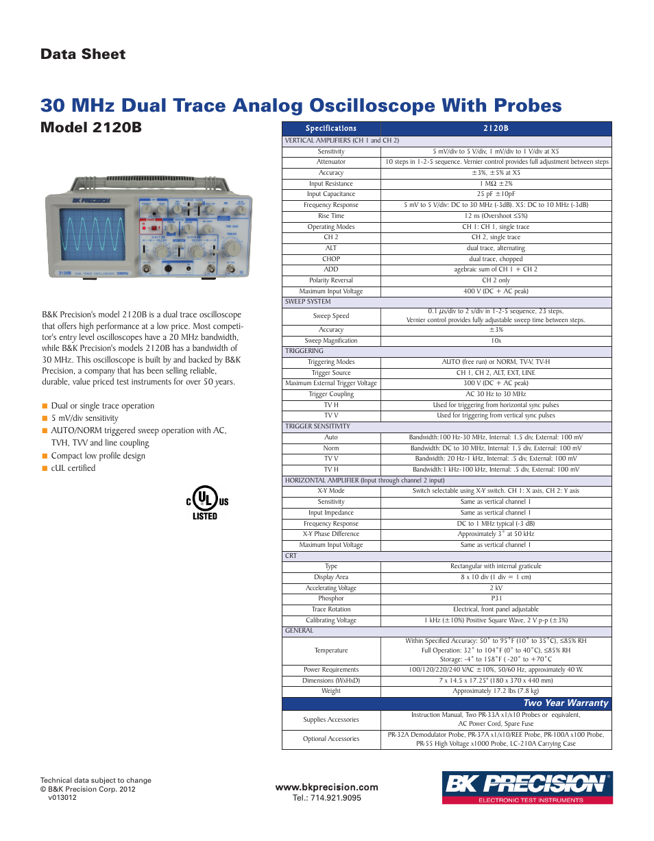 B&K Precision 2120B - Datasheet User Manual | 1 page