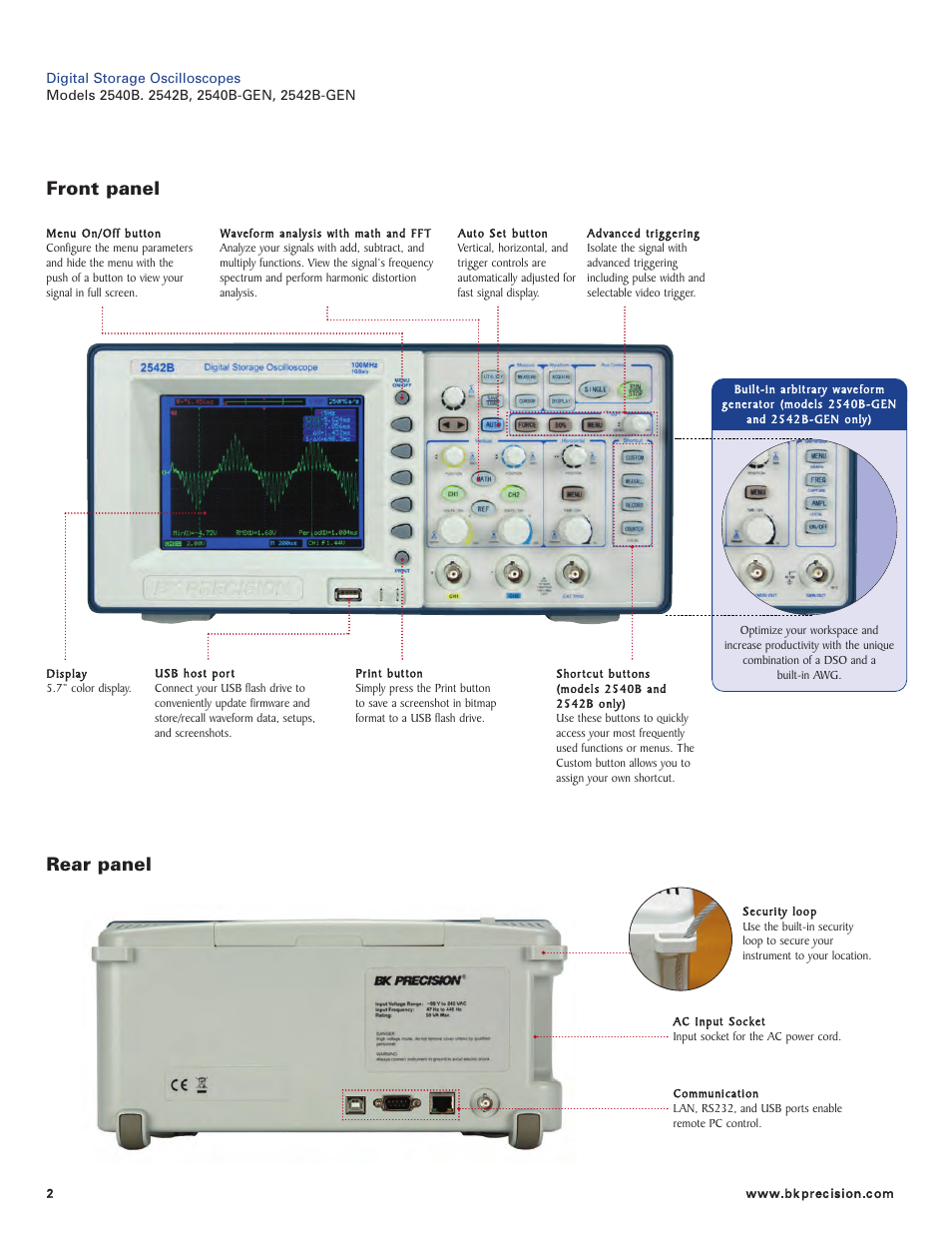 Front panel, Rear panel | B&K Precision 2542B-GEN - Datasheet User Manual | Page 2 / 6