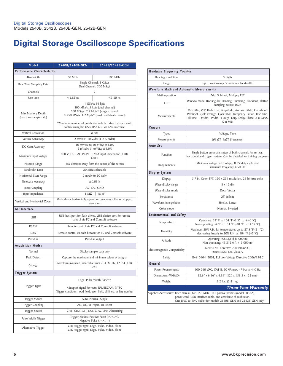 Digital storage oscilloscope specifications, Three-year warranty | B&K Precision 2542B-GEN - Datasheet User Manual | Page 5 / 6