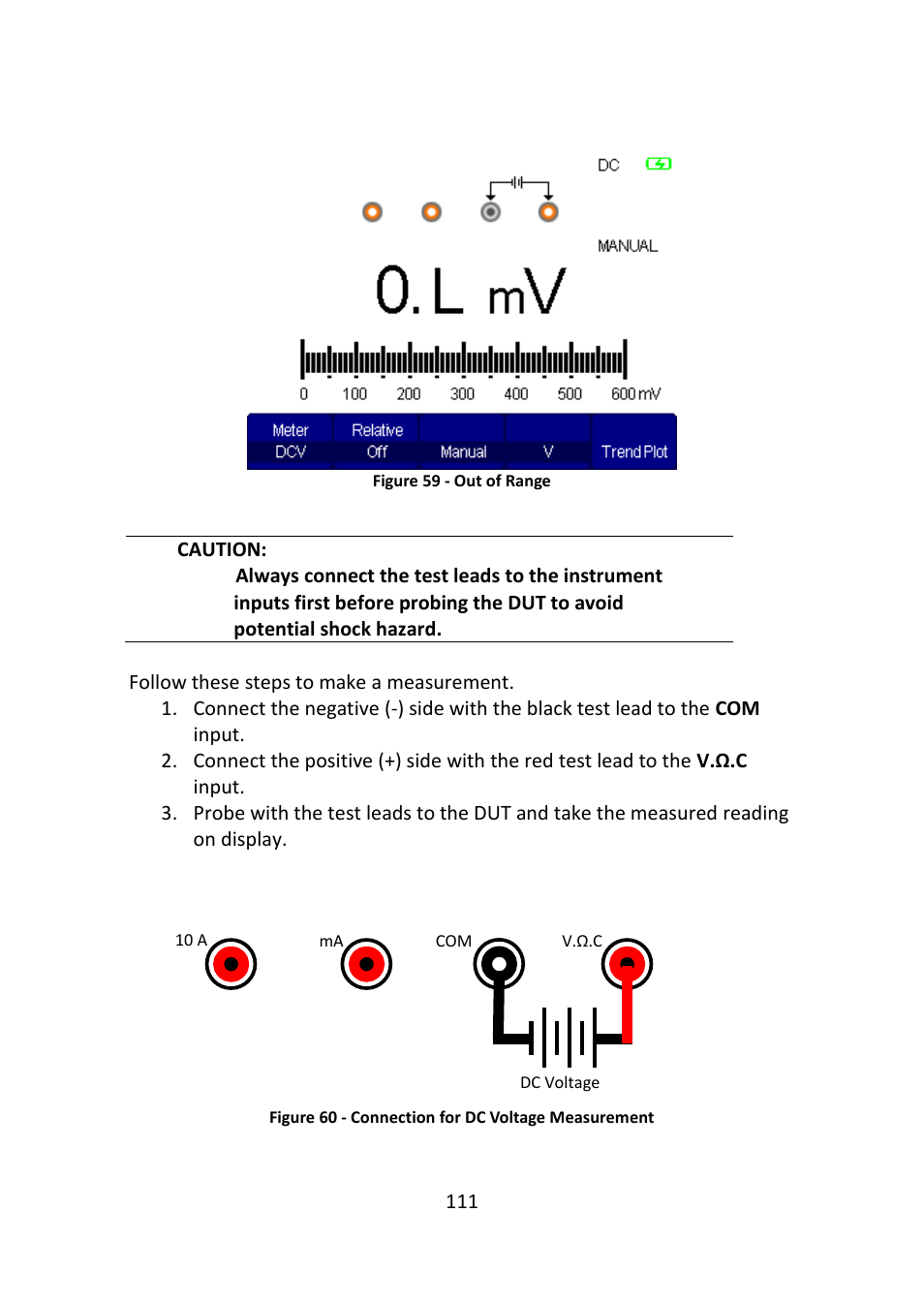 Figure 59 - out of range, Figure 60 - connection for dc voltage measurement | B&K Precision 2516 - Manual User Manual | Page 111 / 159