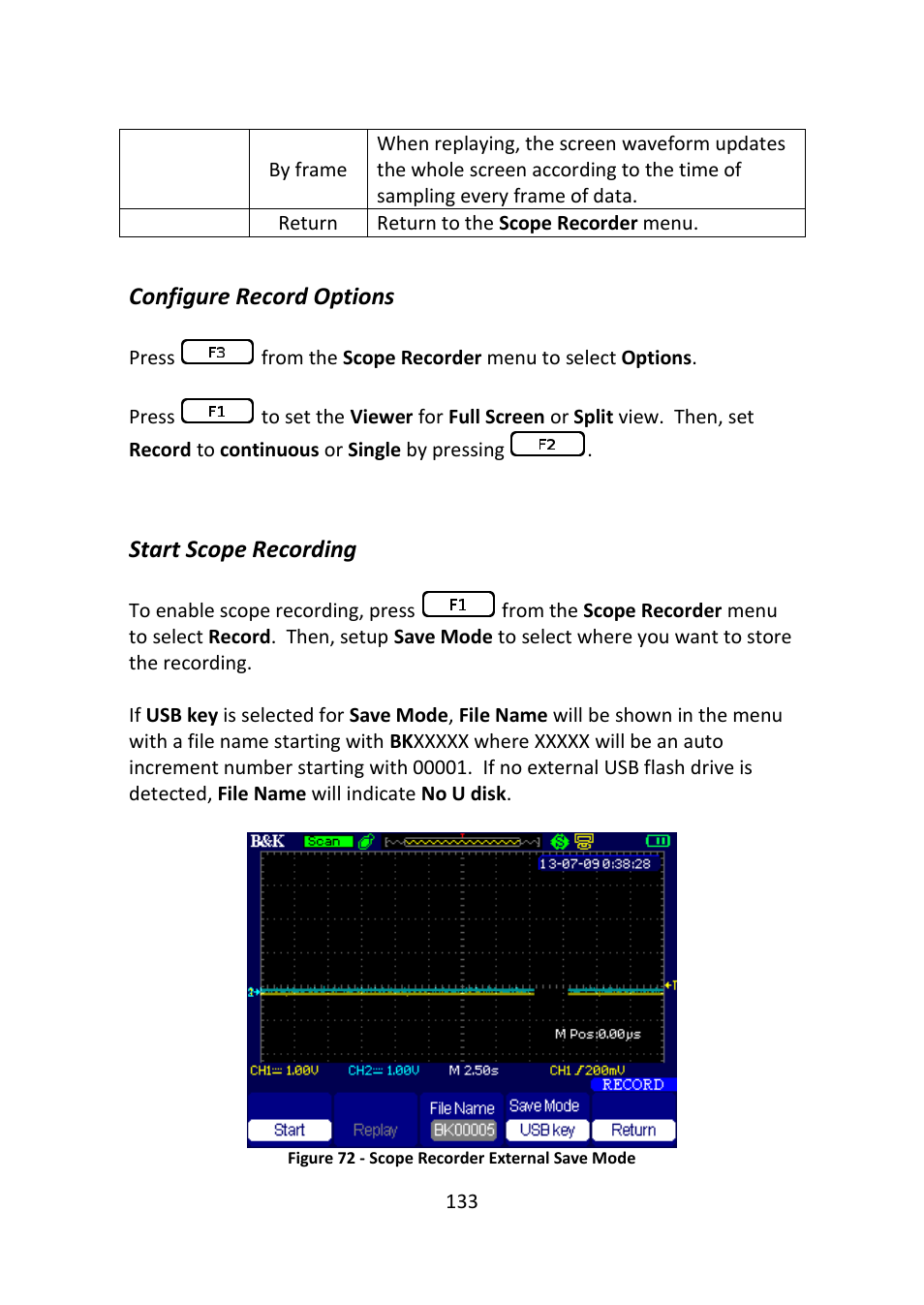 Configure record options, Start scope recording, Figure 72 - scope recorder external save mode | B&K Precision 2516 - Manual User Manual | Page 133 / 159