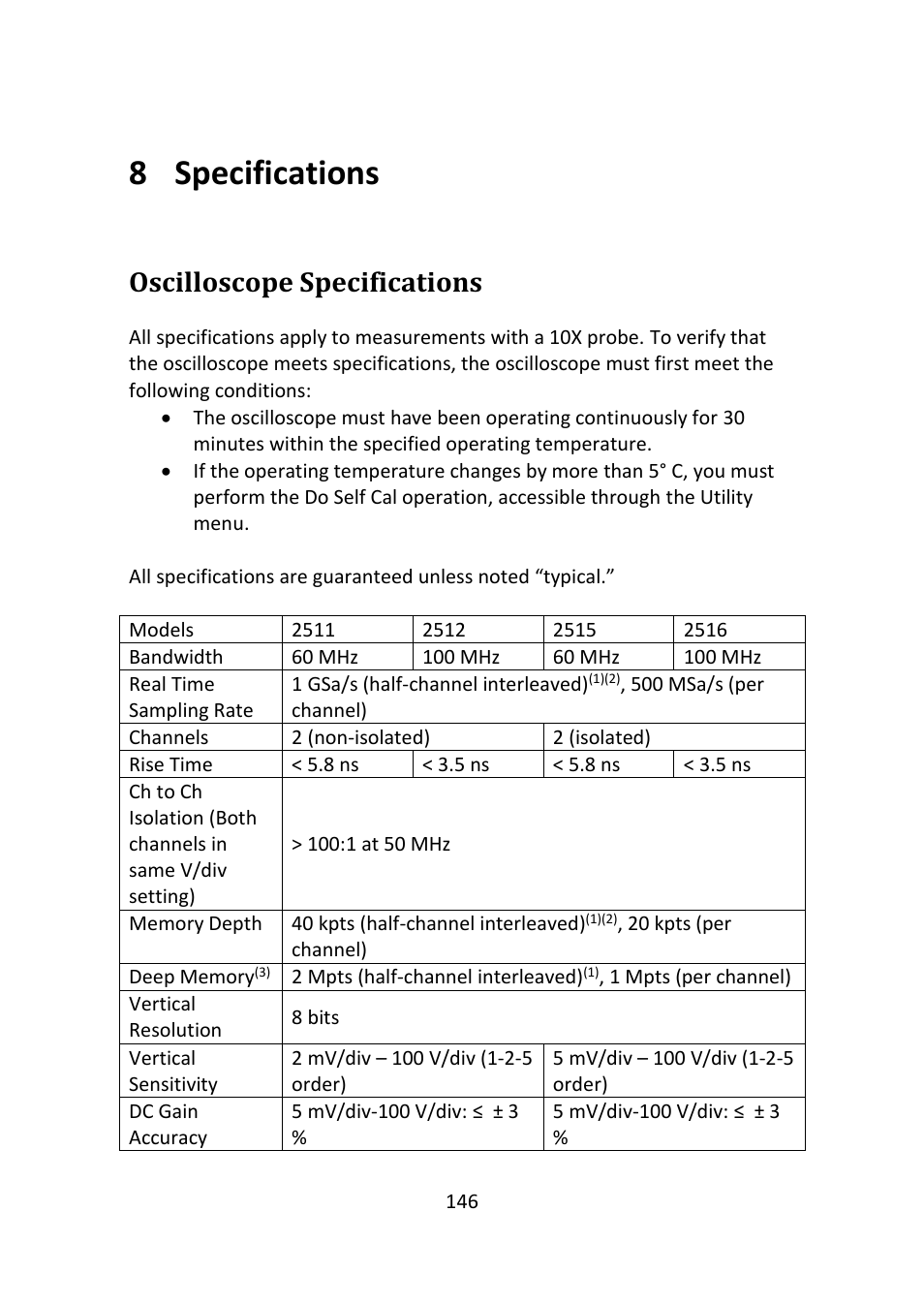 Specifications, Oscilloscope specifications, 8 specifications | B&K Precision 2516 - Manual User Manual | Page 146 / 159