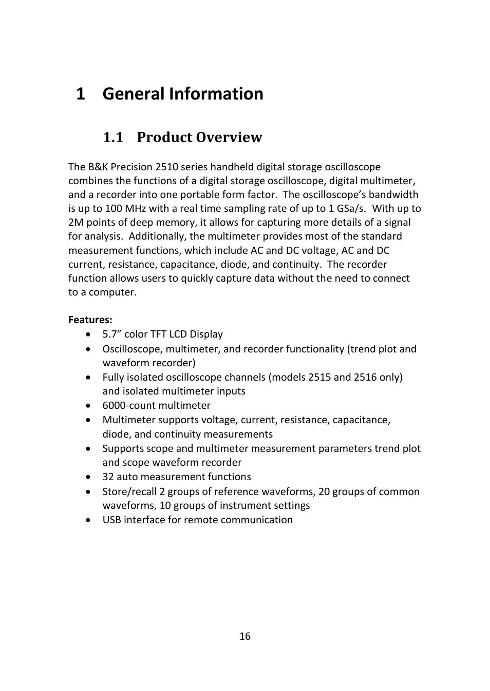 General information, Product overview, 1 general information | 1 product overview | B&K Precision 2516 - Manual User Manual | Page 16 / 159