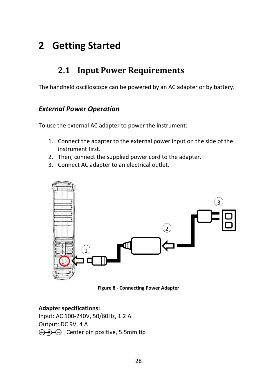 Getting started, Input power requirements, External power operation | Figure 8 - connecting power adapter, 2 getting started, 1 input power requirements | B&K Precision 2516 - Manual User Manual | Page 28 / 159