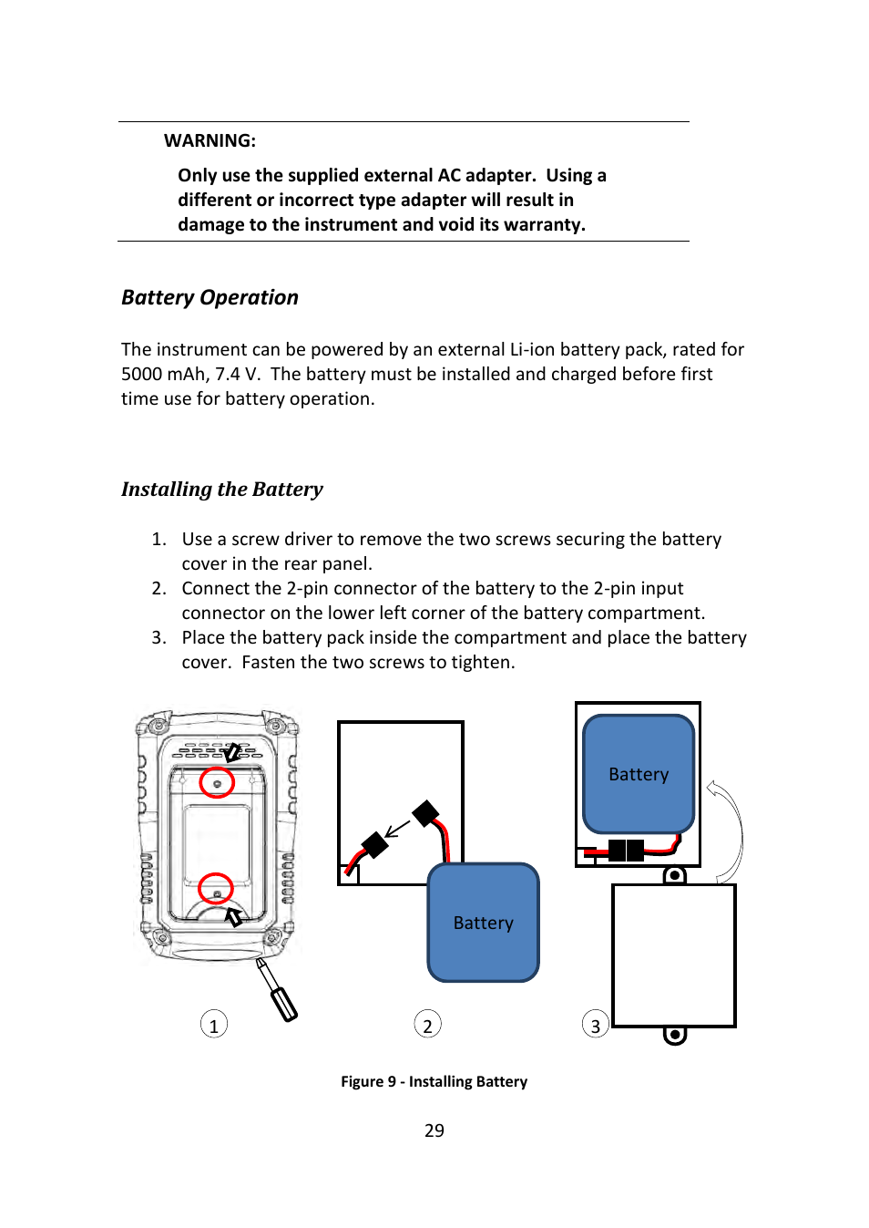 Battery operation, Figure 9 - installing battery | B&K Precision 2516 - Manual User Manual | Page 29 / 159
