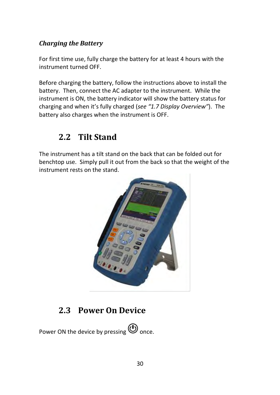 Tilt stand, Power on device, 2 tilt stand | 3 power on device | B&K Precision 2516 - Manual User Manual | Page 30 / 159