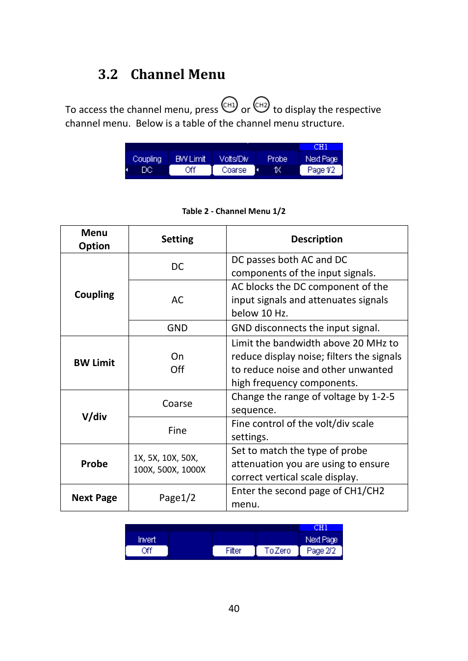 Channel menu, 2 channel menu | B&K Precision 2516 - Manual User Manual | Page 40 / 159