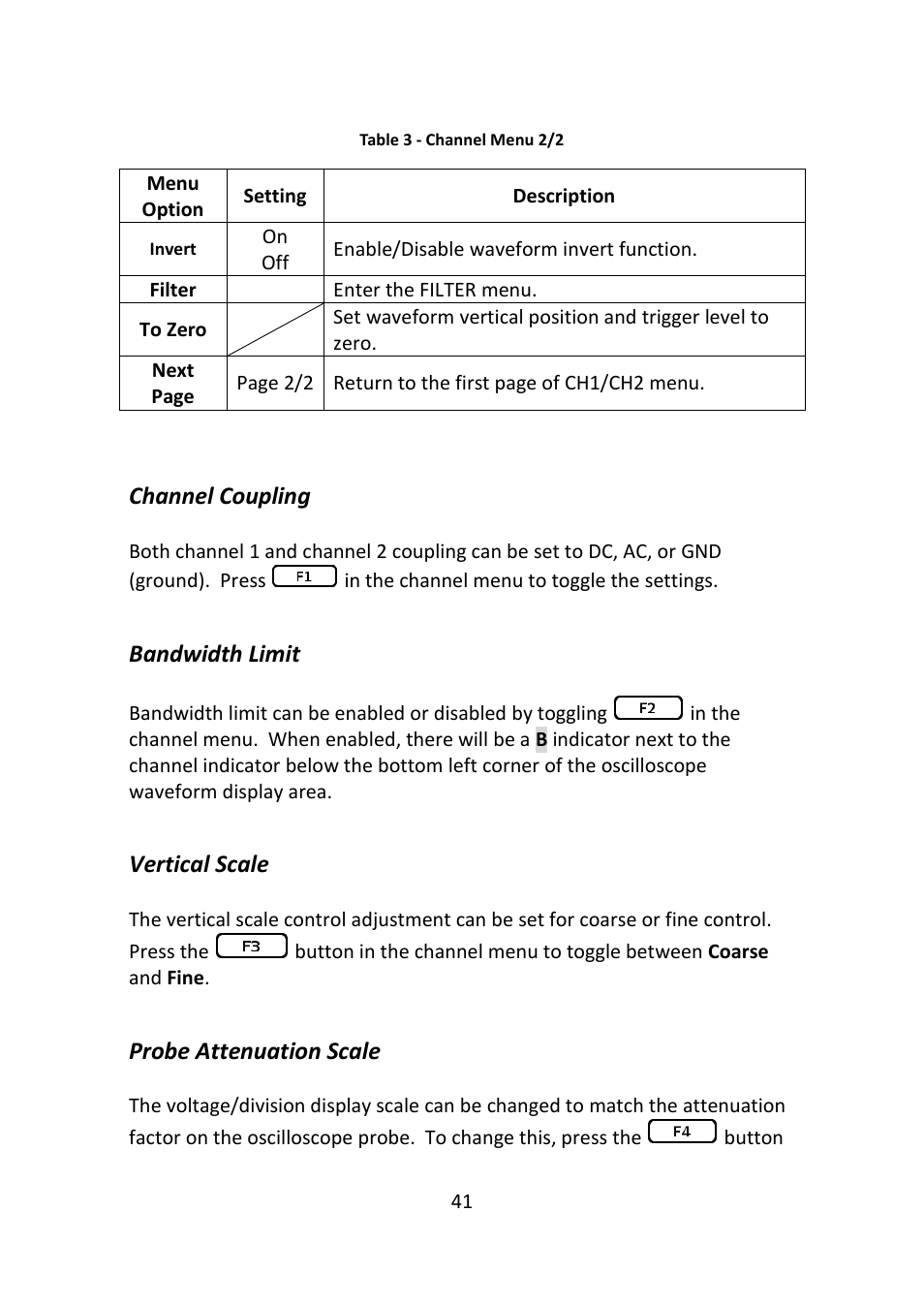 Channel coupling, Bandwidth limit, Vertical scale | Probe attenuation scale | B&K Precision 2516 - Manual User Manual | Page 41 / 159
