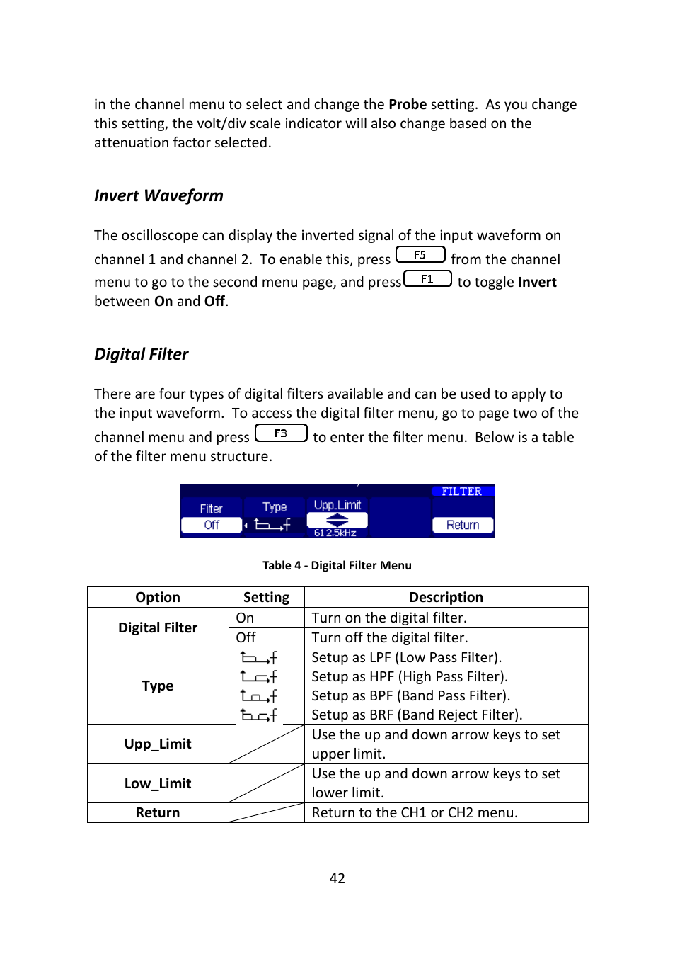 Invert waveform, Digital filter | B&K Precision 2516 - Manual User Manual | Page 42 / 159