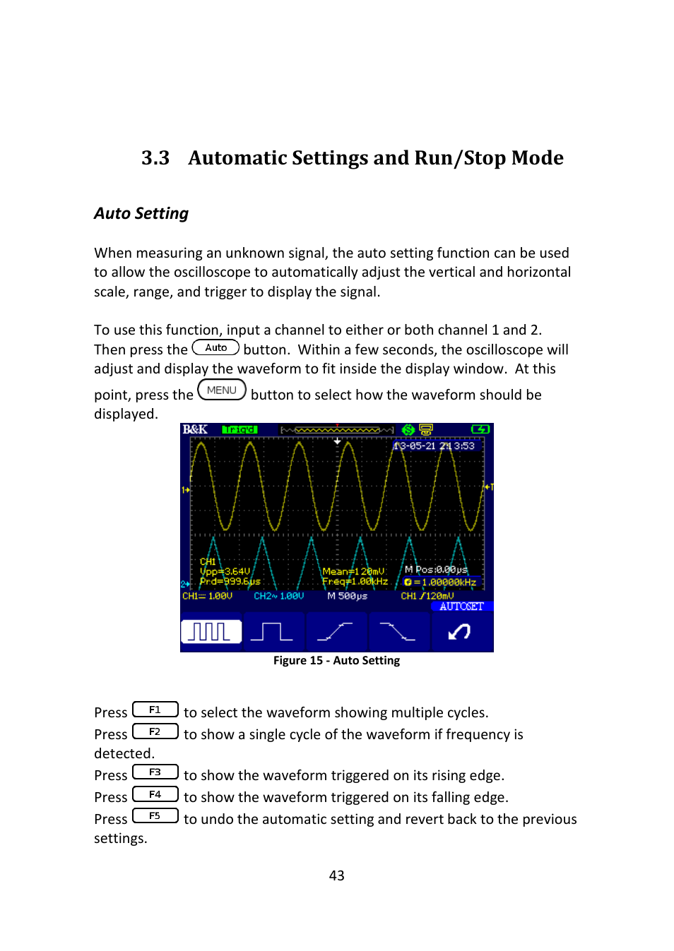 Automatic settings and run/stop mode, Auto setting, Figure 15 - auto setting | 3 automatic settings and run/stop mode | B&K Precision 2516 - Manual User Manual | Page 43 / 159