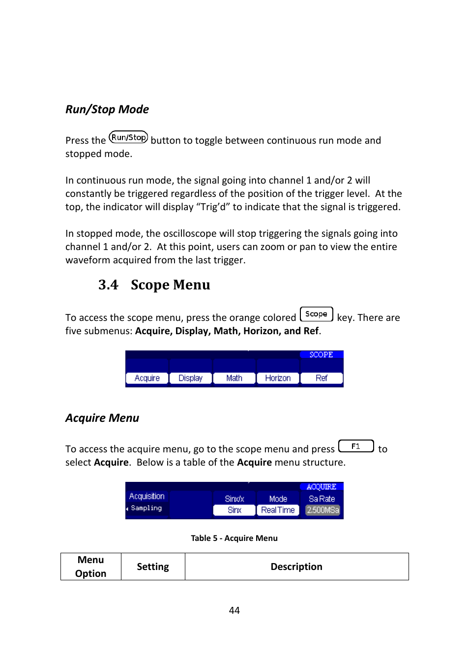 Run/stop mode, Scope menu, Acquire menu | 4 scope menu | B&K Precision 2516 - Manual User Manual | Page 44 / 159