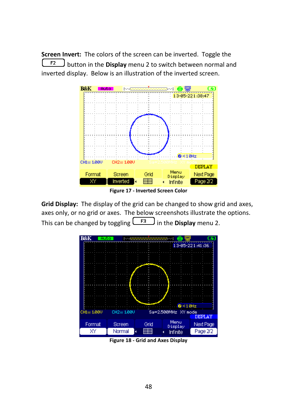 Figure 17 - inverted screen color, Figure 18 - grid and axes display | B&K Precision 2516 - Manual User Manual | Page 48 / 159