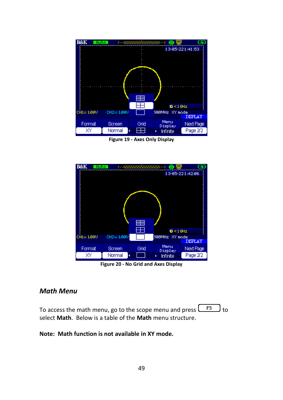 Math menu, Figure 19 - axes only display, Figure 20 - no grid and axes display | B&K Precision 2516 - Manual User Manual | Page 49 / 159