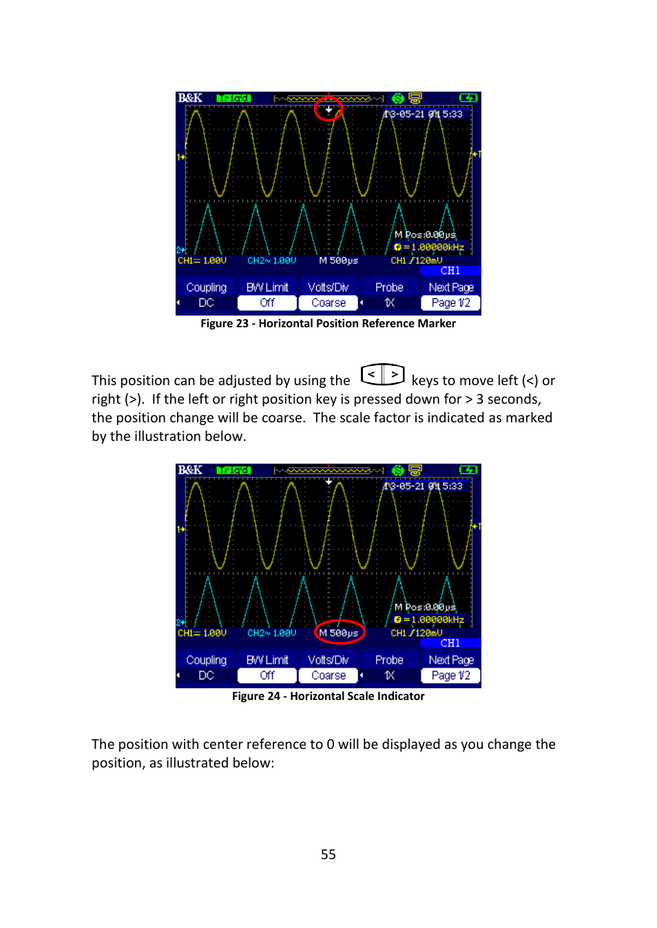 Figure 23 - horizontal position reference marker, Figure 24 - horizontal scale indicator | B&K Precision 2516 - Manual User Manual | Page 55 / 159