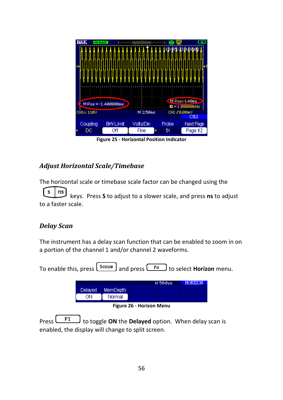 Figure 25 - horizontal position indicator, Figure 26 - horizon menu | B&K Precision 2516 - Manual User Manual | Page 56 / 159