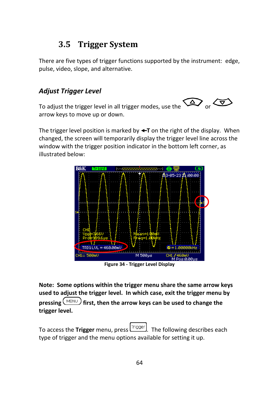 Trigger system, Adjust trigger level, Figure 34 - trigger level display | 5 trigger system | B&K Precision 2516 - Manual User Manual | Page 64 / 159