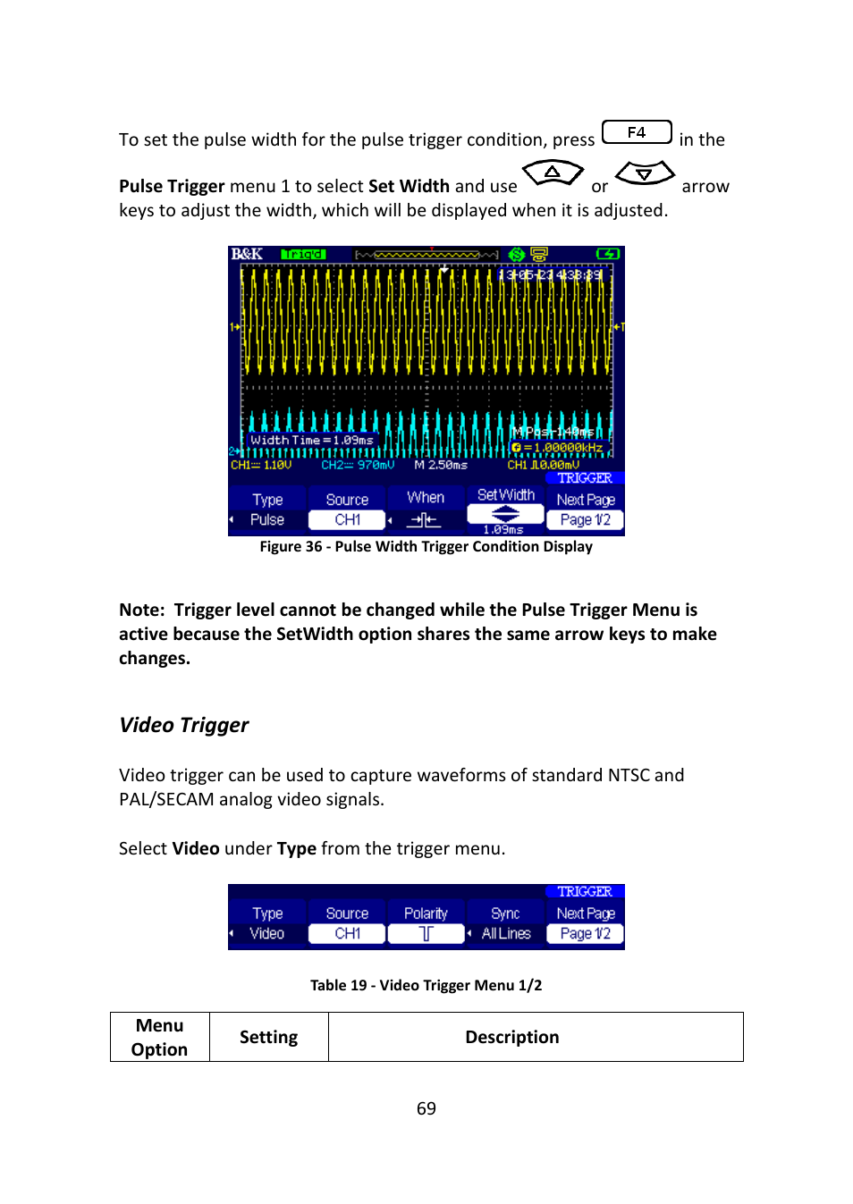 Video trigger, Figure 36 - pulse width trigger condition display | B&K Precision 2516 - Manual User Manual | Page 69 / 159