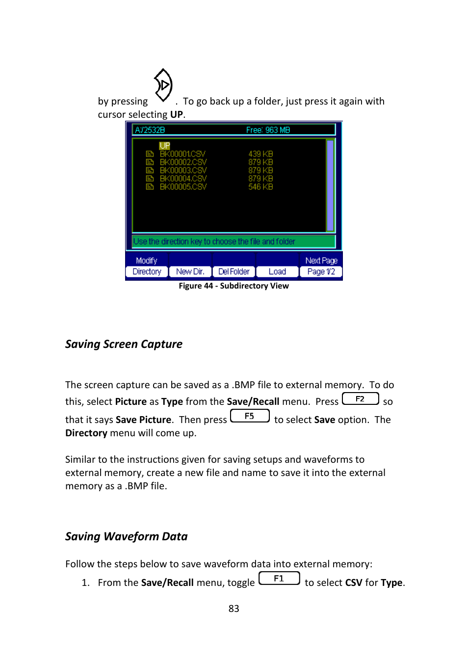 Saving screen capture, Saving waveform data, Figure 44 - subdirectory view | B&K Precision 2516 - Manual User Manual | Page 83 / 159