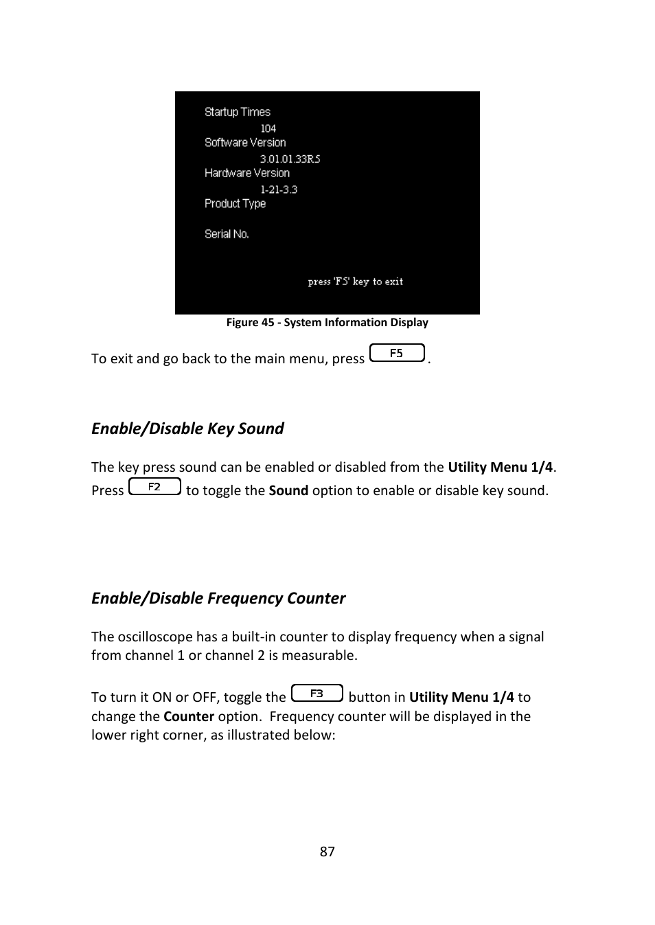 Enable/disable key sound, Enable/disable frequency counter, Figure 45 - system information display | B&K Precision 2516 - Manual User Manual | Page 87 / 159