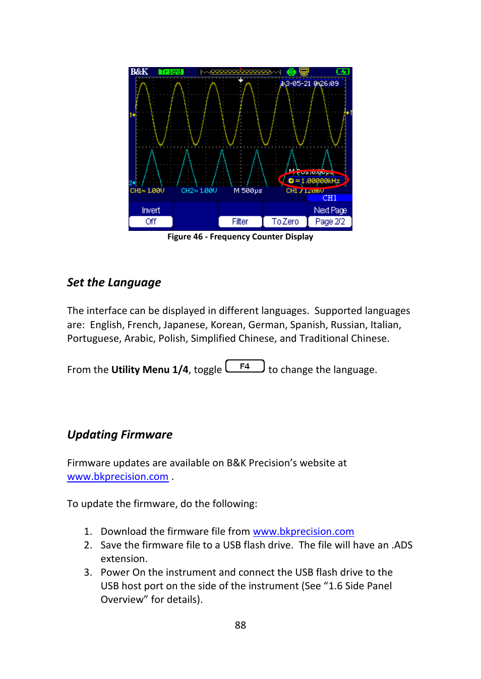 Set the language, Updating firmware, Figure 46 - frequency counter display | B&K Precision 2516 - Manual User Manual | Page 88 / 159