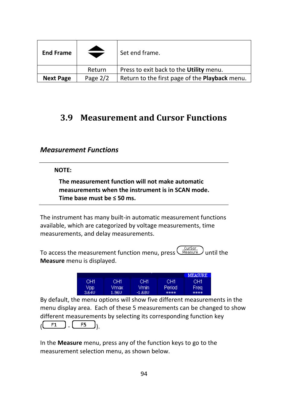 Measurement and cursor functions, Measurement functions, 9 measurement and cursor functions | B&K Precision 2516 - Manual User Manual | Page 94 / 159