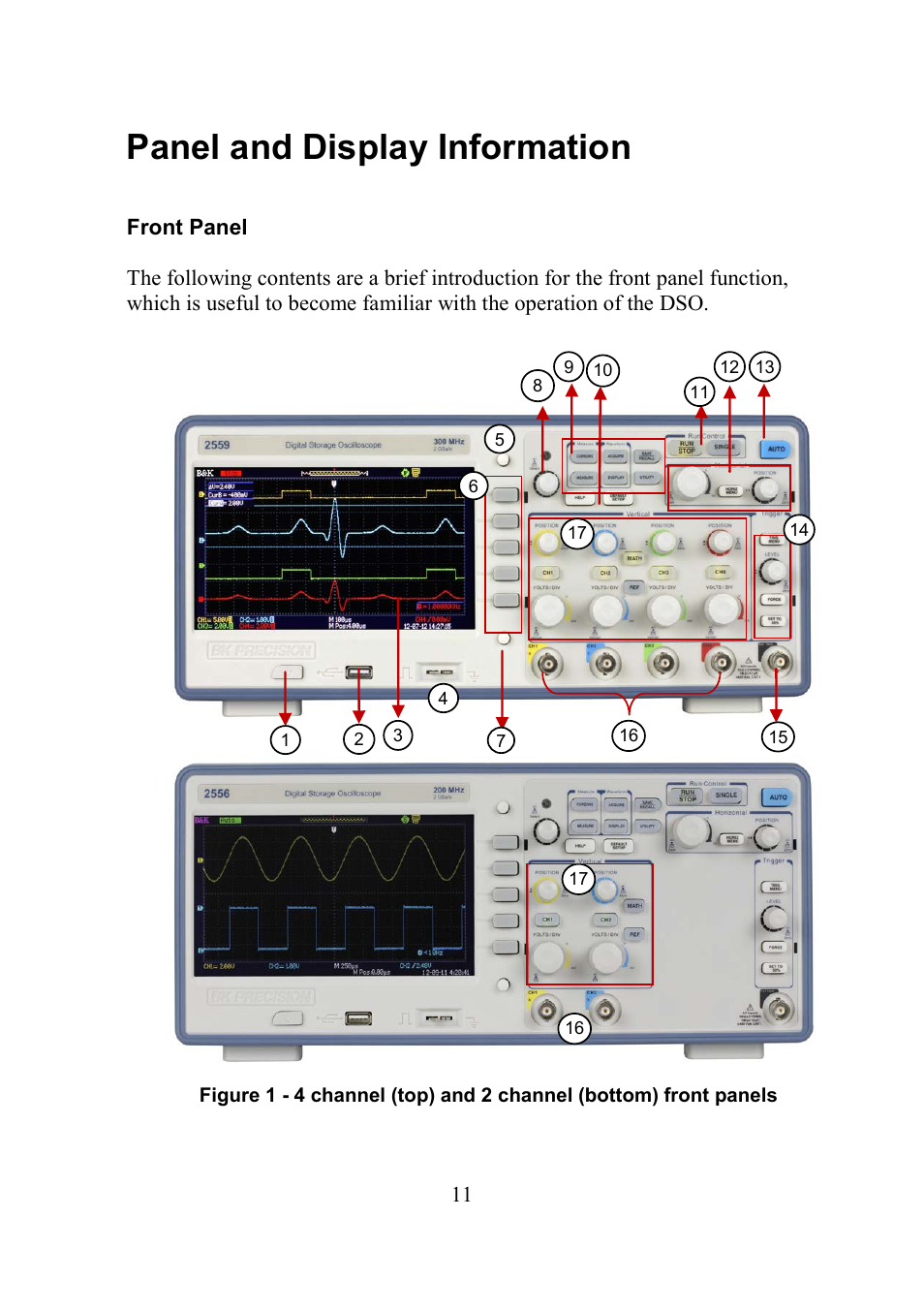Panel and display information, Front panel, Anel and | Isplay, Nformation | B&K Precision 2552-2559 - Manual User Manual | Page 11 / 159