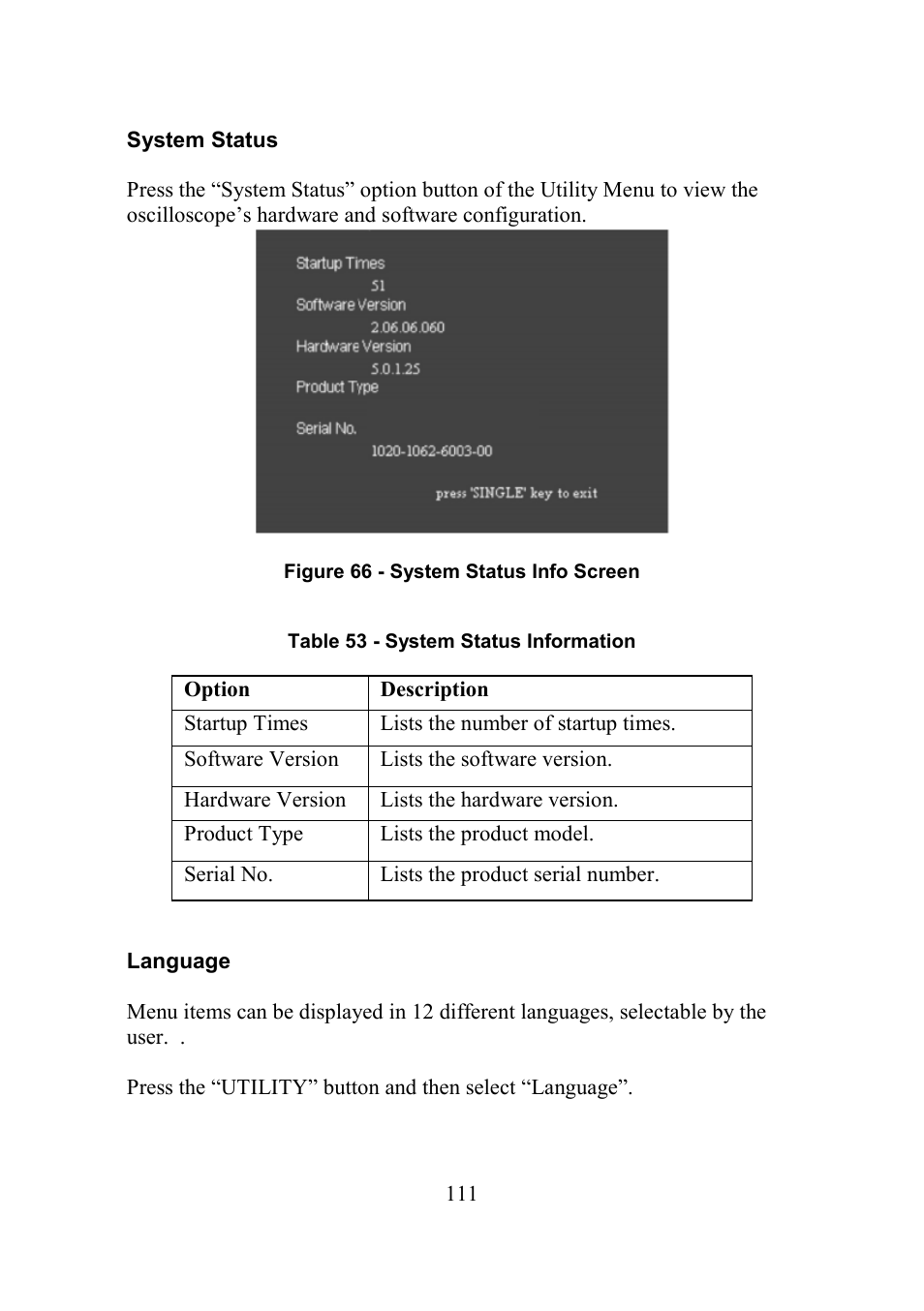 System status, Language | B&K Precision 2552-2559 - Manual User Manual | Page 111 / 159