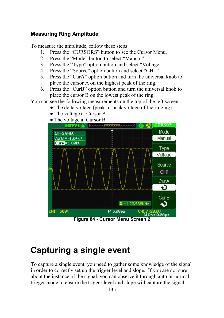 Measuring ring amplitude, Capturing a single event, Apturing a single event | B&K Precision 2552-2559 - Manual User Manual | Page 135 / 159