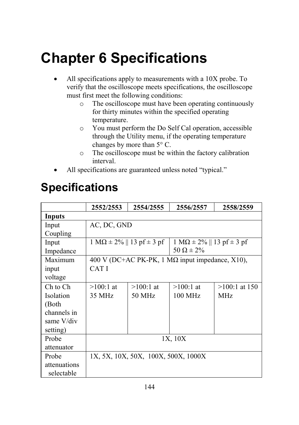 Chapter 6 specifications, Specifications, Pecifications | B&K Precision 2552-2559 - Manual User Manual | Page 144 / 159