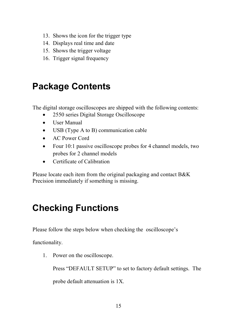 Package contents, Checking functions, Ackage | Ontents, Hecking, Unctions | B&K Precision 2552-2559 - Manual User Manual | Page 15 / 159