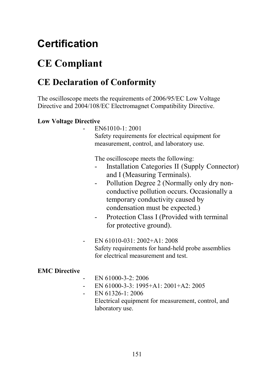 Certification, Ertification, Ce compliant | Ce declaration of conformity | B&K Precision 2552-2559 - Manual User Manual | Page 151 / 159