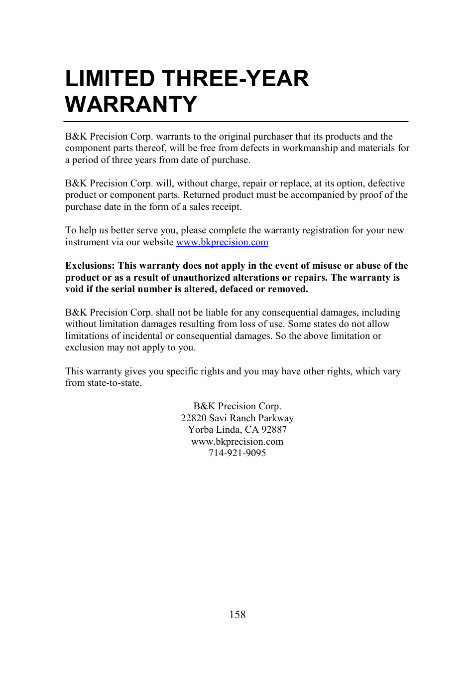 Limited three-year warranty | B&K Precision 2552-2559 - Manual User Manual | Page 158 / 159