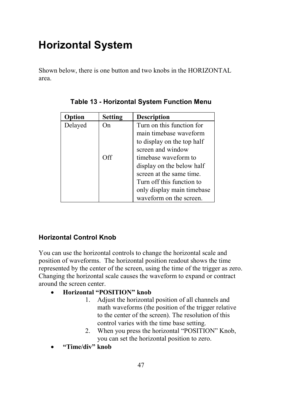 Horizontal system, Horizontal control knob, Orizontal | Ystem | B&K Precision 2552-2559 - Manual User Manual | Page 47 / 159