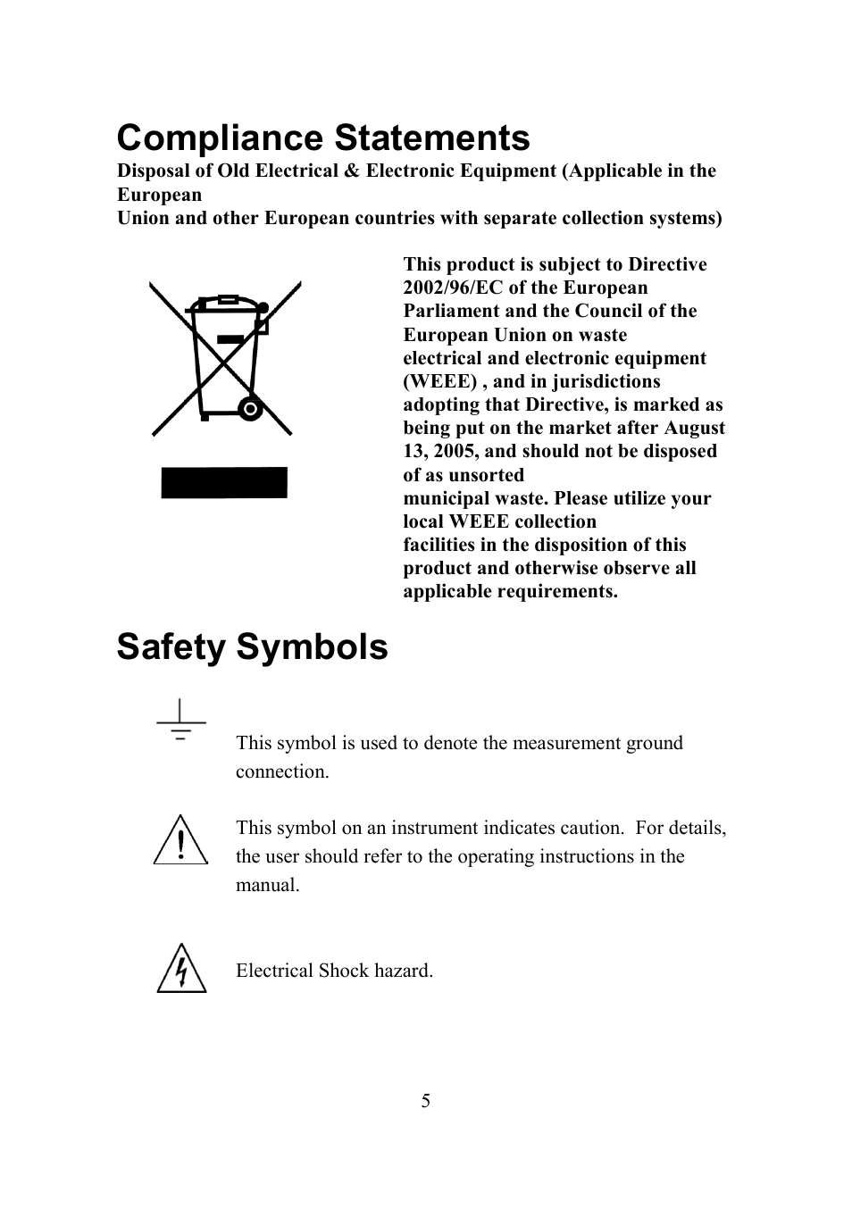 Compliance statements, Safety symbols | B&K Precision 2552-2559 - Manual User Manual | Page 5 / 159