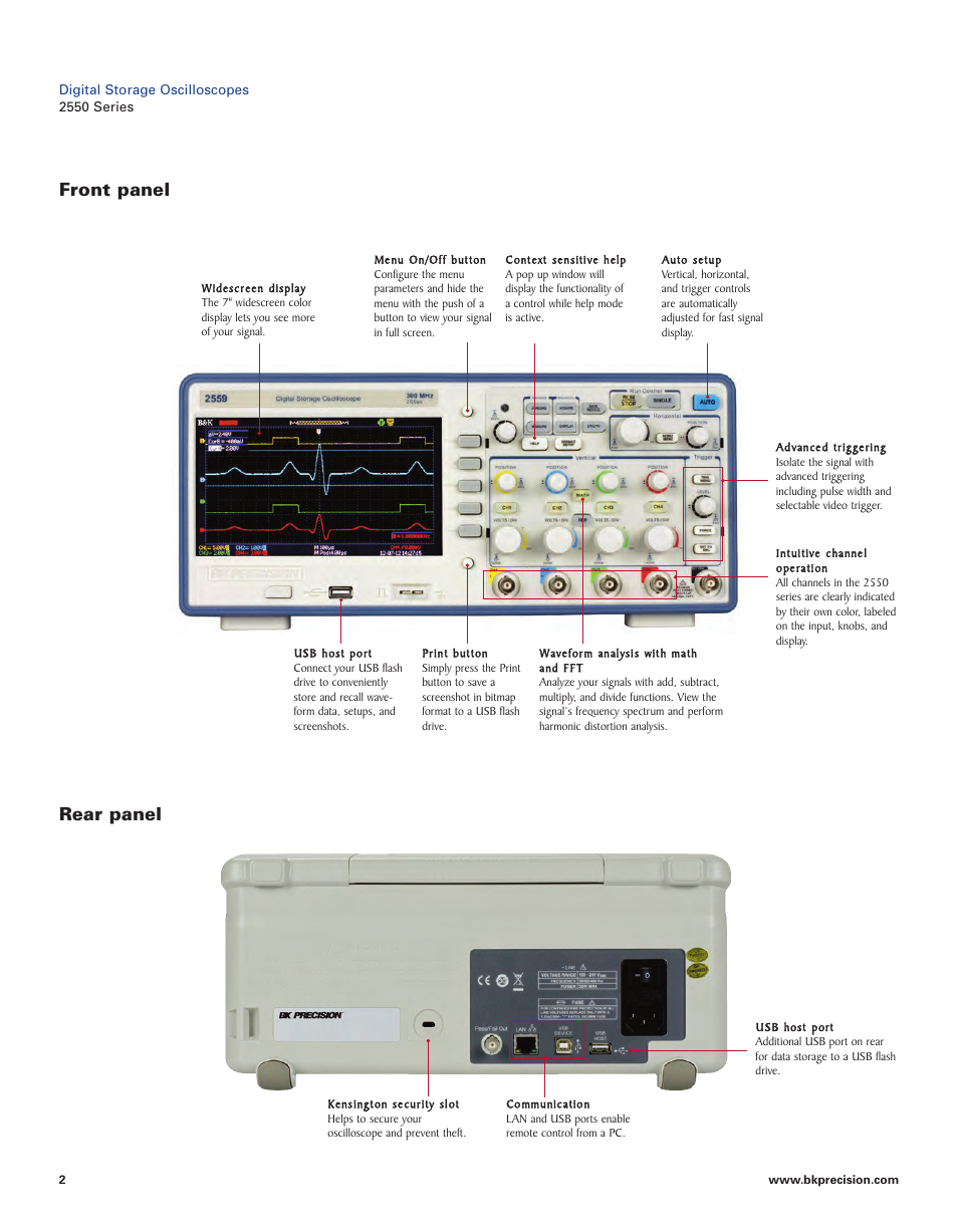 Front panel rear panel | B&K Precision 2550 Series - Datasheet User Manual | Page 2 / 6