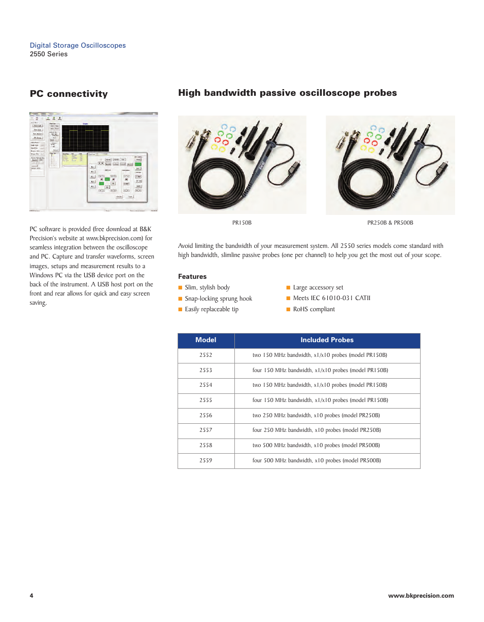 Pc connectivity, High bandwidth passive oscilloscope probes | B&K Precision 2550 Series - Datasheet User Manual | Page 4 / 6