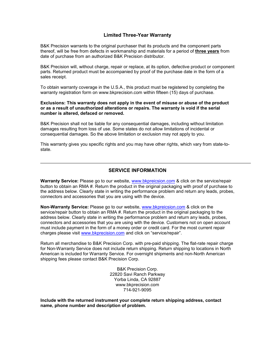Warranty with service information- new, Limited three-year warranty | B&K Precision 2704C - Manual User Manual | Page 5 / 5