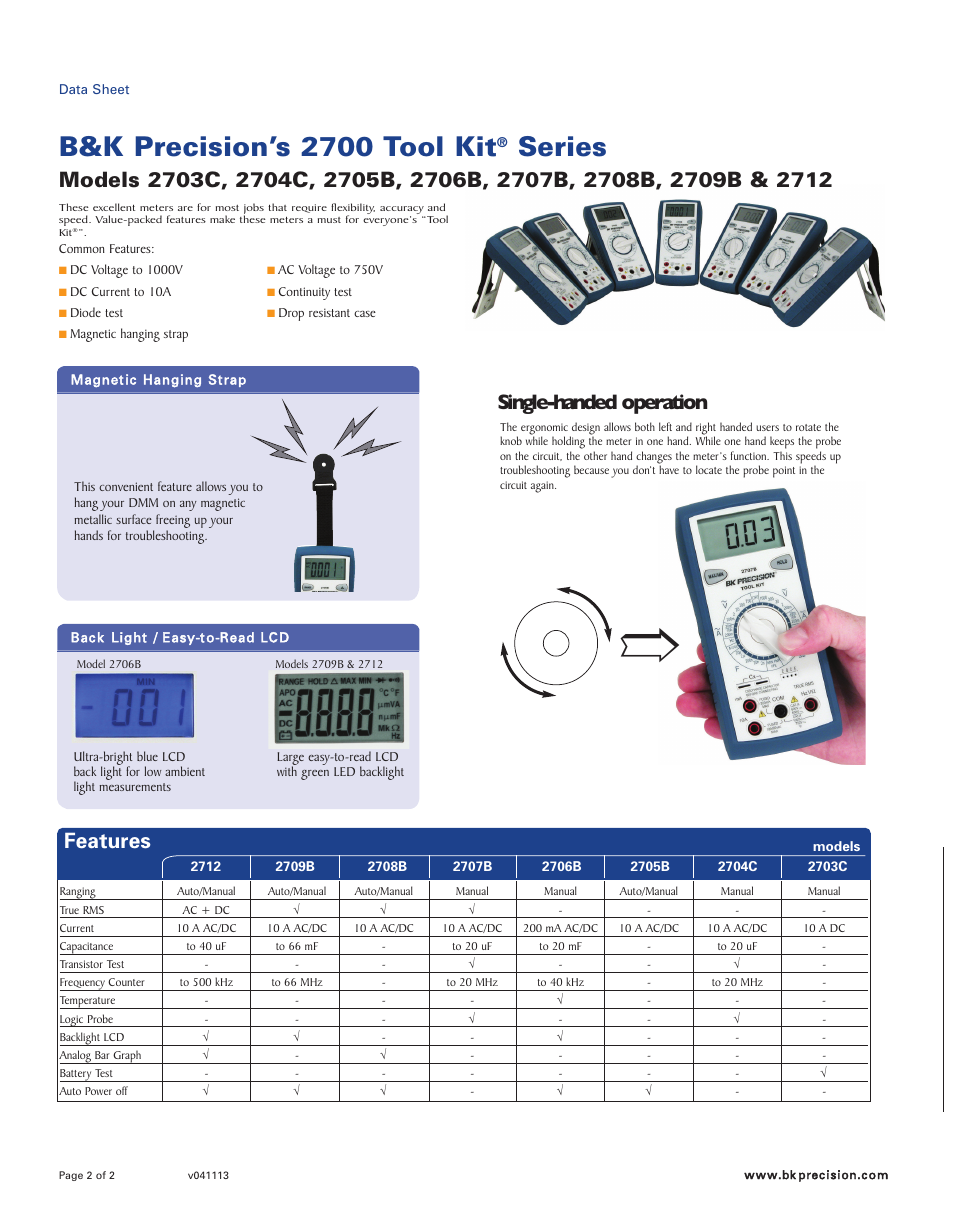 B&k precision’s 2700 tool kit, Series, Features | Single-handed operation | B&K Precision 2704C - Datasheet User Manual | Page 2 / 2