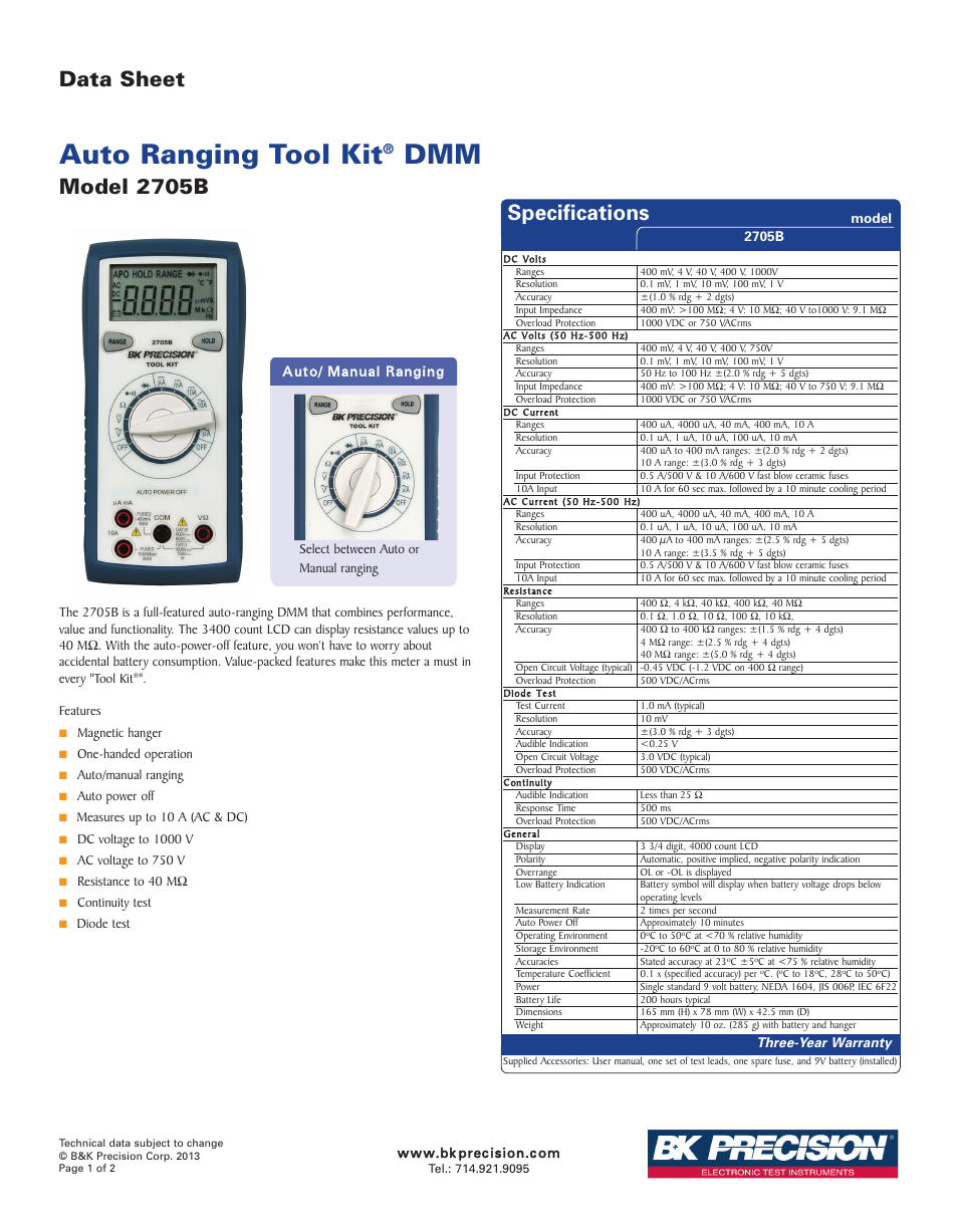 B&K Precision 2705B - Datasheet User Manual | 2 pages