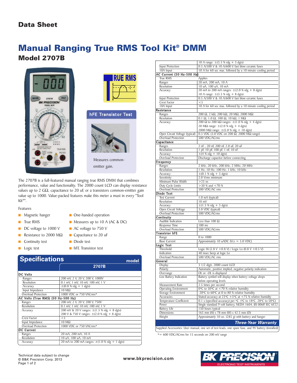 B&K Precision 2707B - Datasheet User Manual | 2 pages