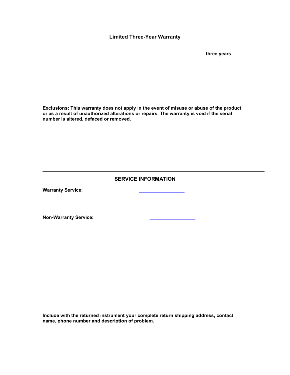 Warranty with service information- new, Limited three-year warranty | B&K Precision 2708B - Manual User Manual | Page 5 / 5
