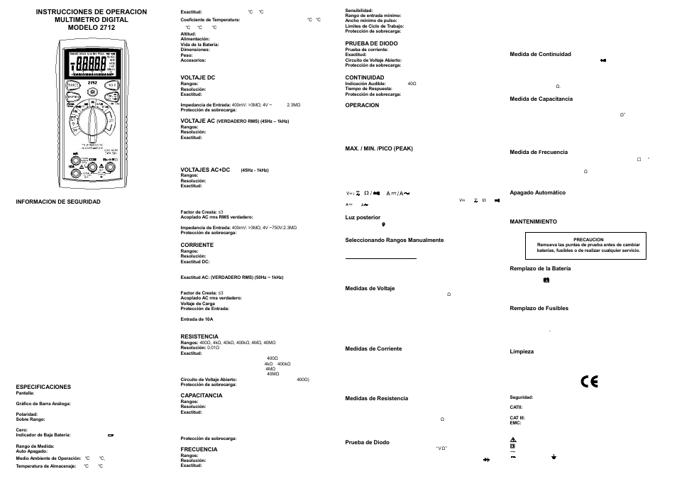 2712_manual ver 1.03 (spanish), Instrucciones de operacion, Multimetro digital | B&K Precision 2712 - Manual User Manual | Page 2 / 5
